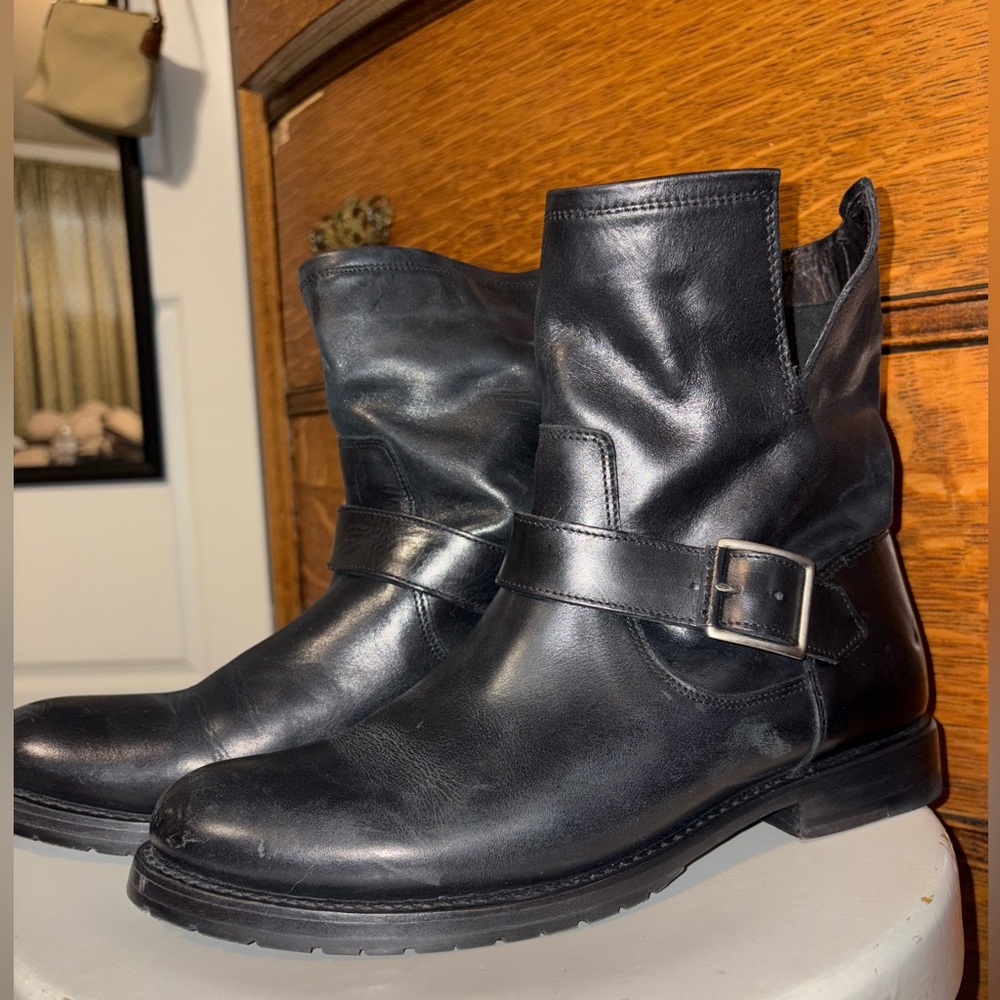 Frye Black Leather Harness Moto Boots with Buckle